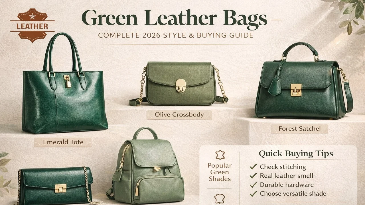 Green leather bag infographic showing popular styles like tote, crossbody, satchel, backpack, and clutch with shade guide and buying tips for 2026.