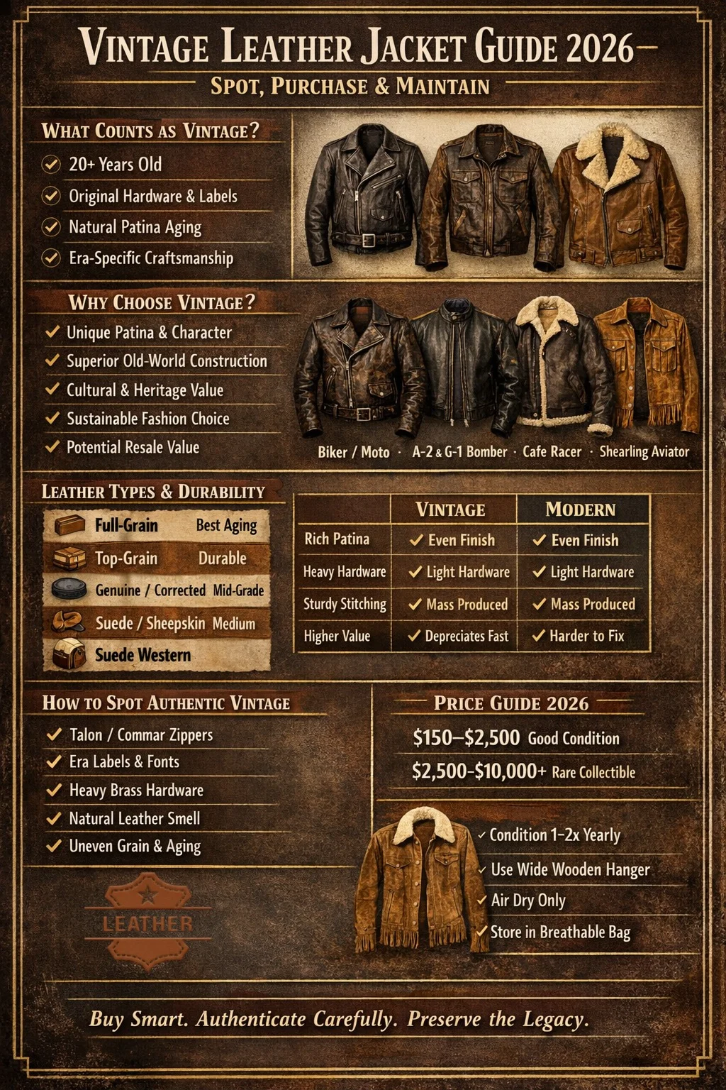 Vintage leather jacket guide 2026 infographic showing styles, leather types, authenticity checklist, price range and care tips for buyers.