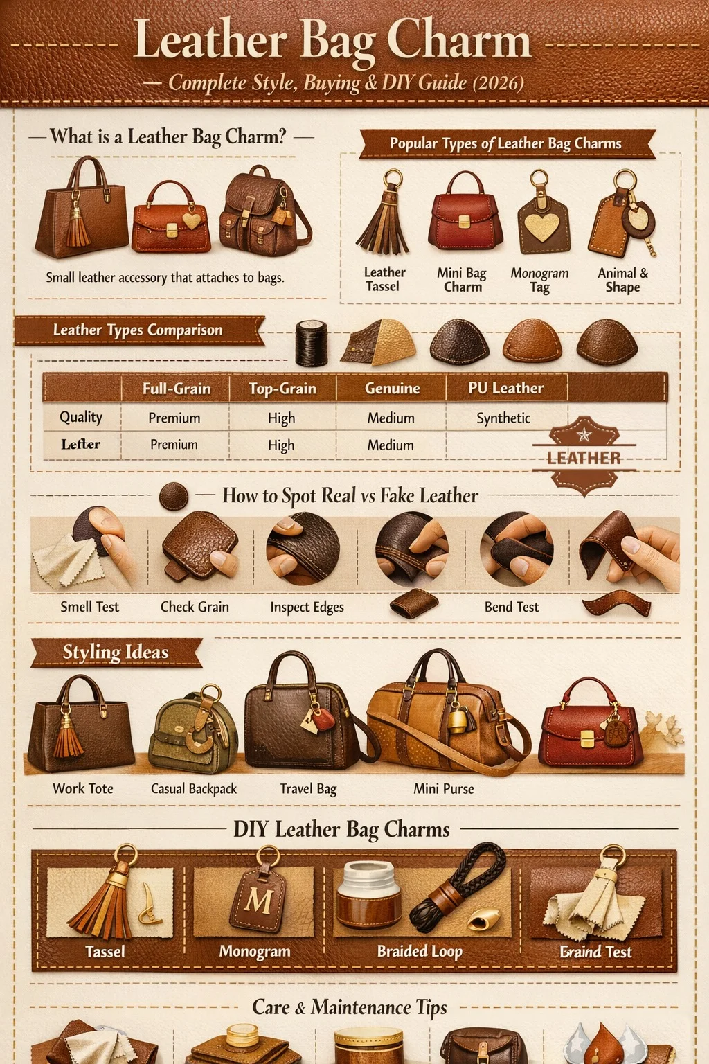 Leather bag charm infographic showing types of charms, leather materials, DIY steps, styling ideas, and care tips for handbags.
