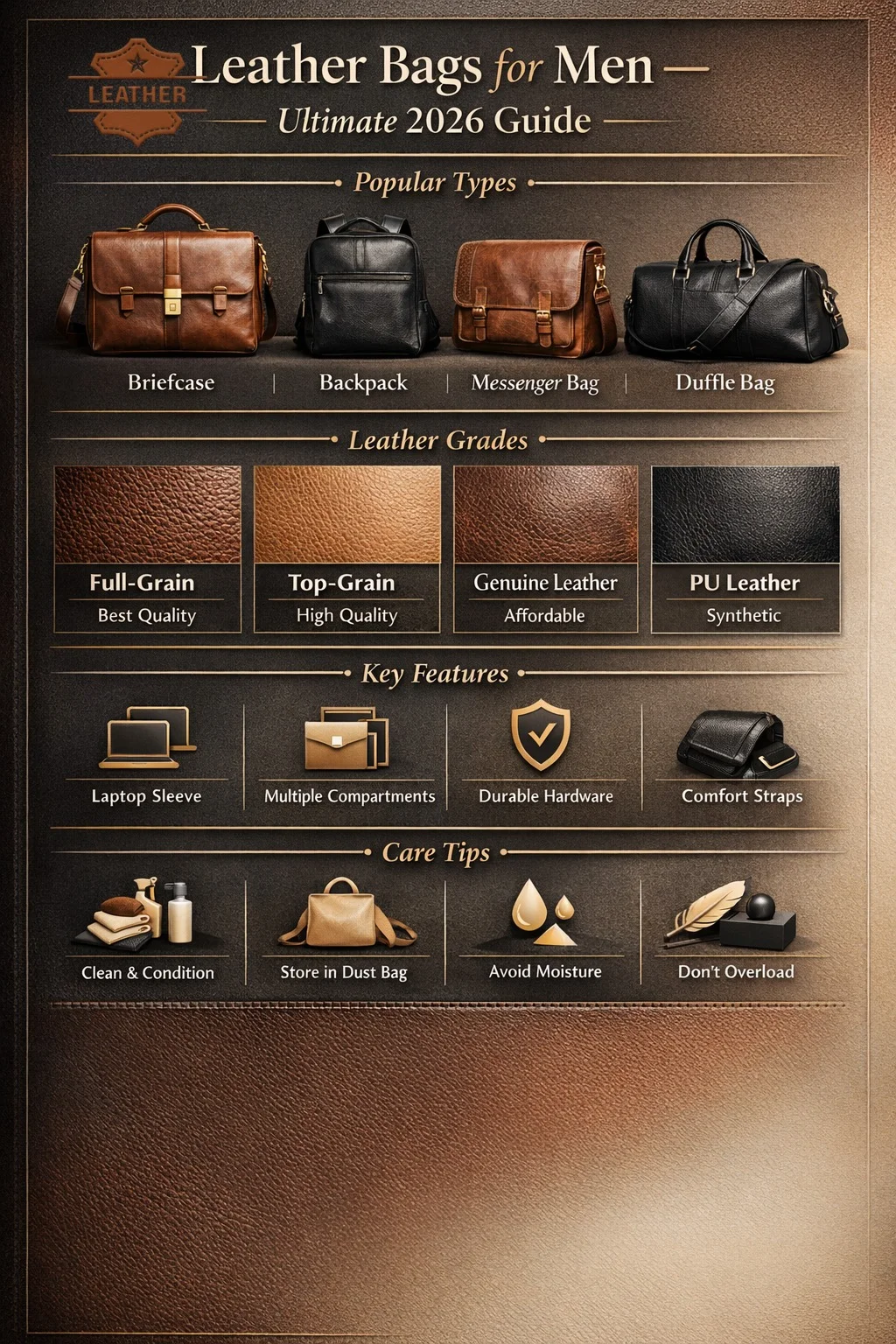 "Infographic showing the ultimate 2026 guide to leather bags for men, including types of bags, leather grades, key features, and care tips in a sleek, modern layout."