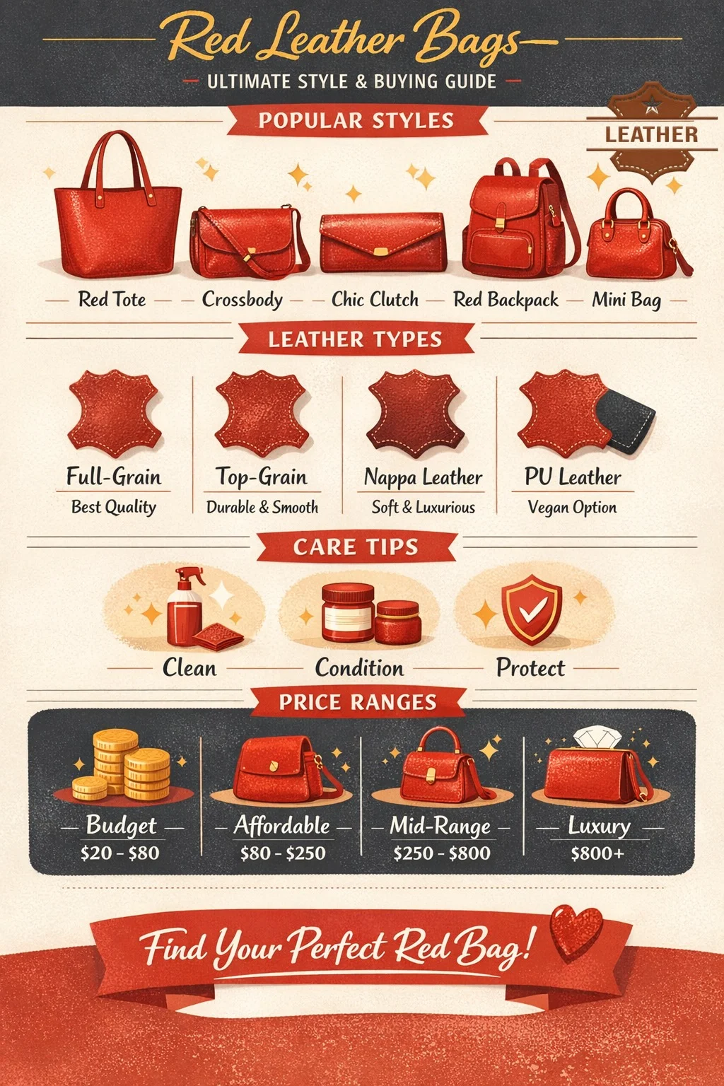 Vertical infographic showing types, styles, leather types, care tips, and price ranges for red leather bags, including tote, crossbody, clutch, backpack, and mini bag, in a modern Instagram-style design.