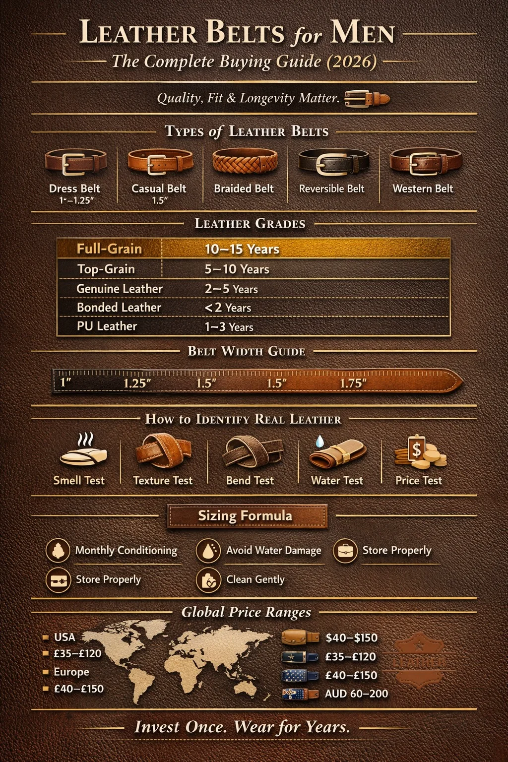 Luxury infographic showing leather belts for men guide including belt types, leather grades comparison, sizing formula, width guide, care tips, and global price ranges in a masculine premium layout.