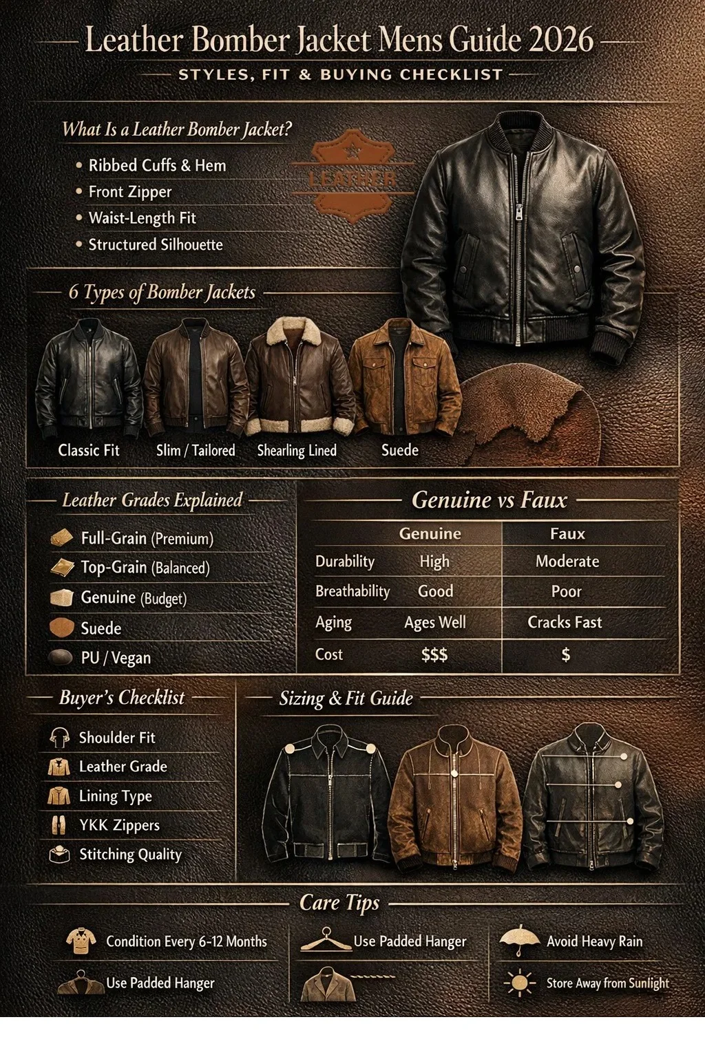 Leather bomber jacket mens guide infographic showing types, leather grades, sizing chart, buyer checklist, and care tips for 2026 style and fit advice.
