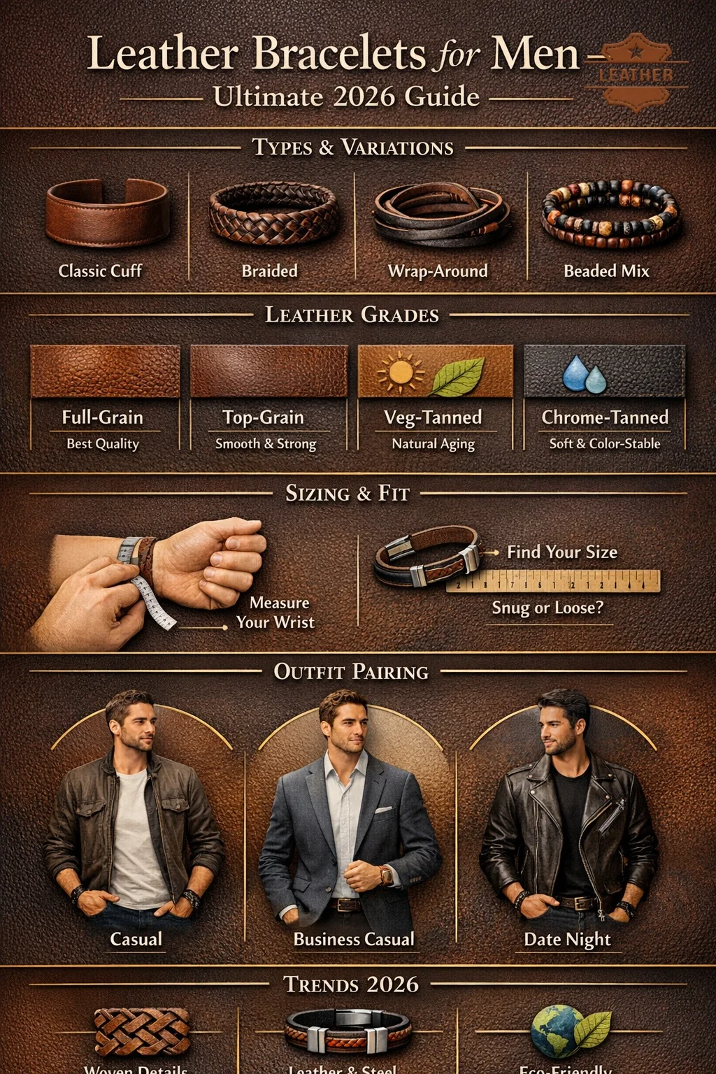 Infographic showing types, leather grades, sizing, styling, and 2026 trends of leather bracelets for men in premium brown and tan tones.