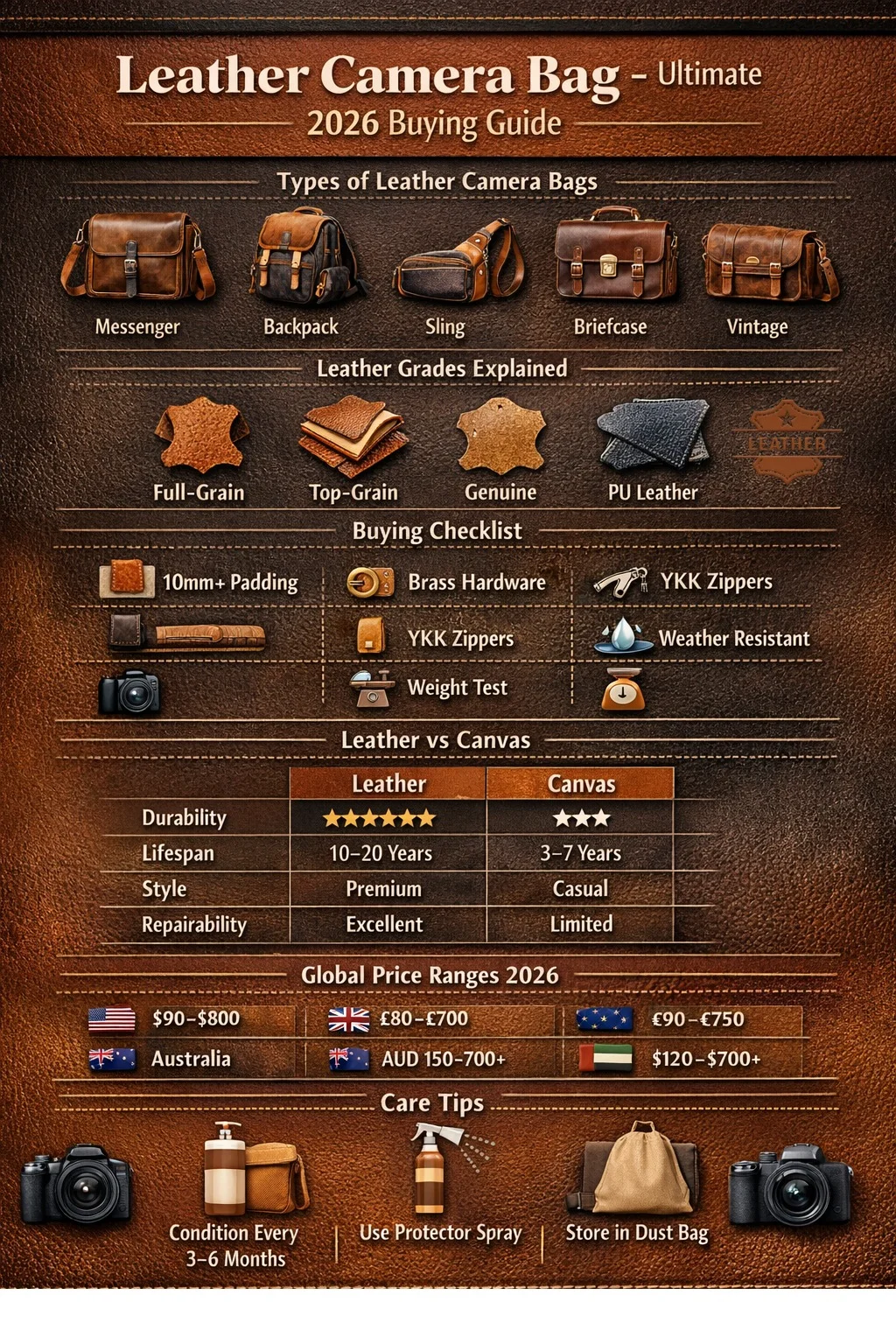 Leather camera bag infographic showing types, leather grades, buying checklist, price ranges, and care tips for 2026.