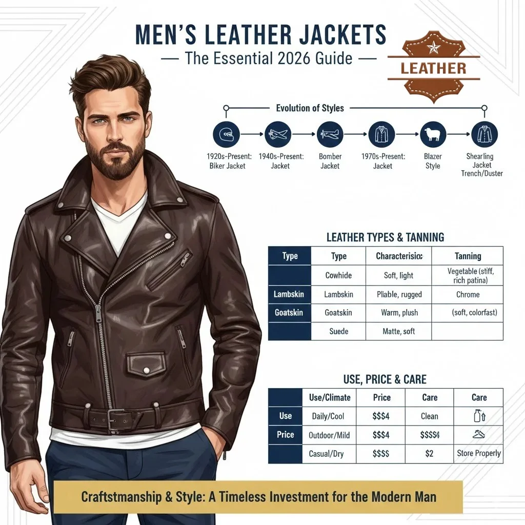 “Infographic showing types, styles, leather types, tanning methods, and care tips for men’s leather coat jackets in 2026, including biker, bomber, shearling, blazer, and trench styles.”
