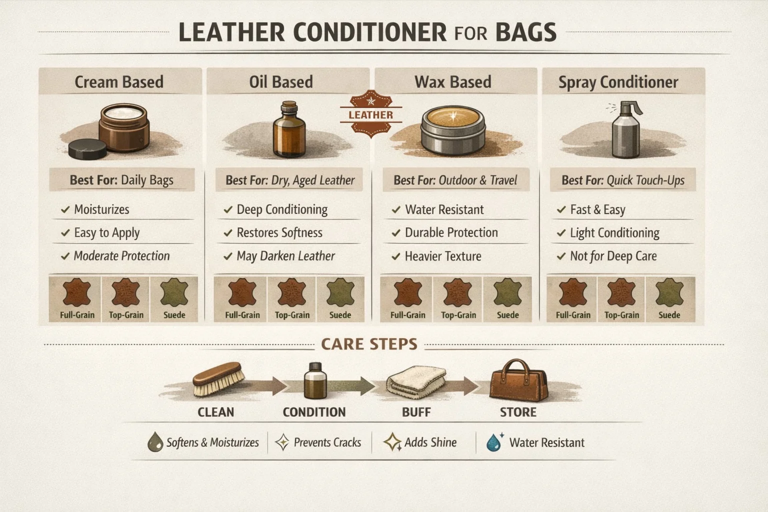 "Infographic showing types of leather conditioner for bags with uses, pros, cons, and leather compatibility for full-grain, top-grain, suede, and nubuck leather."