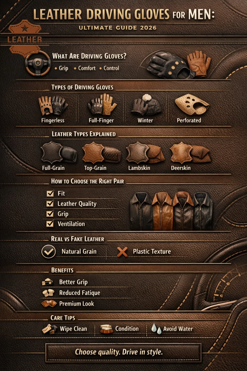 Leather driving gloves for men infographic showing types, leather quality, fit guide, benefits, and buying tips for 2026.