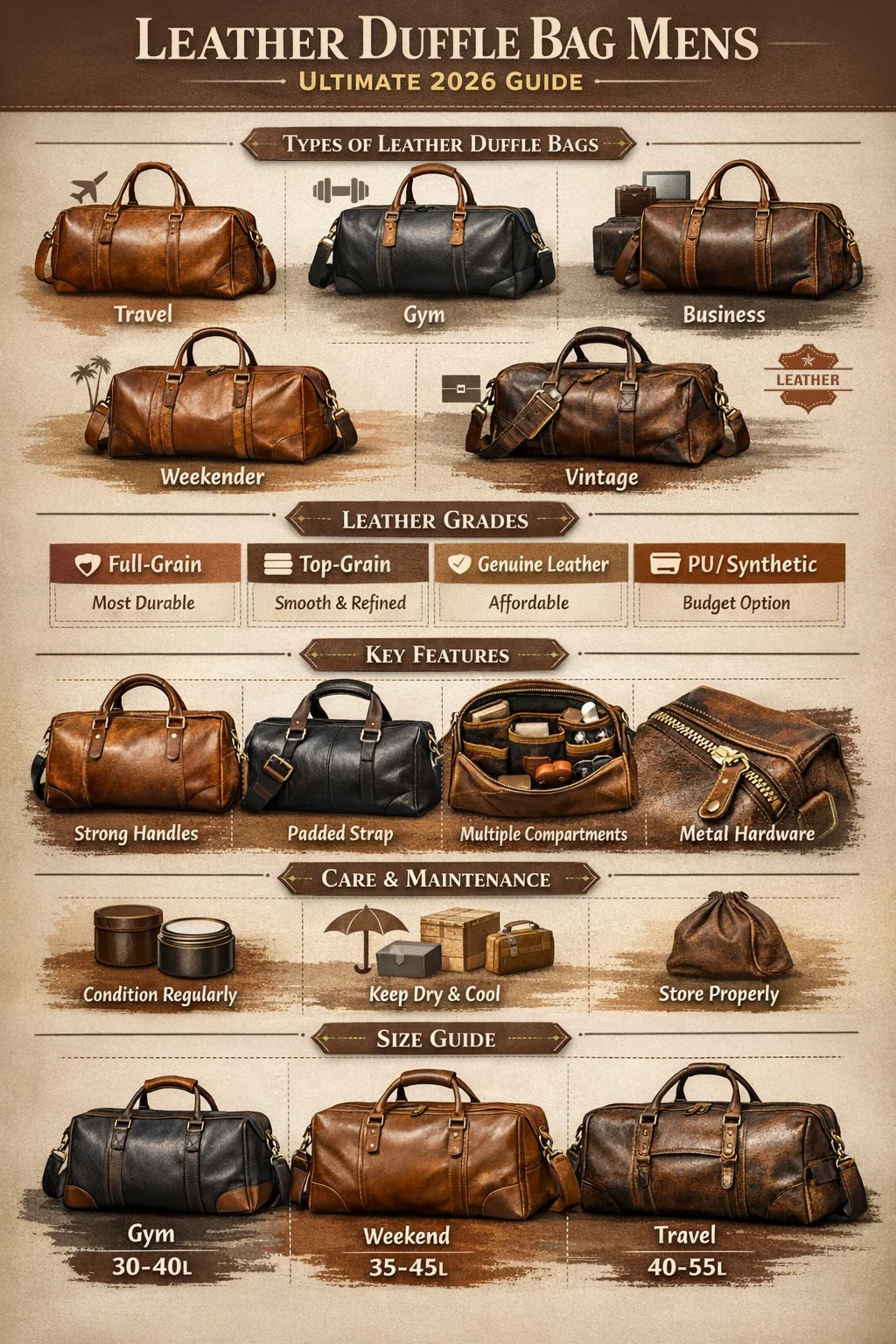 “Infographic showing types, leather grades, features, and care tips for men’s leather duffle bags in 2026 with travel, gym, business, and weekend use.”