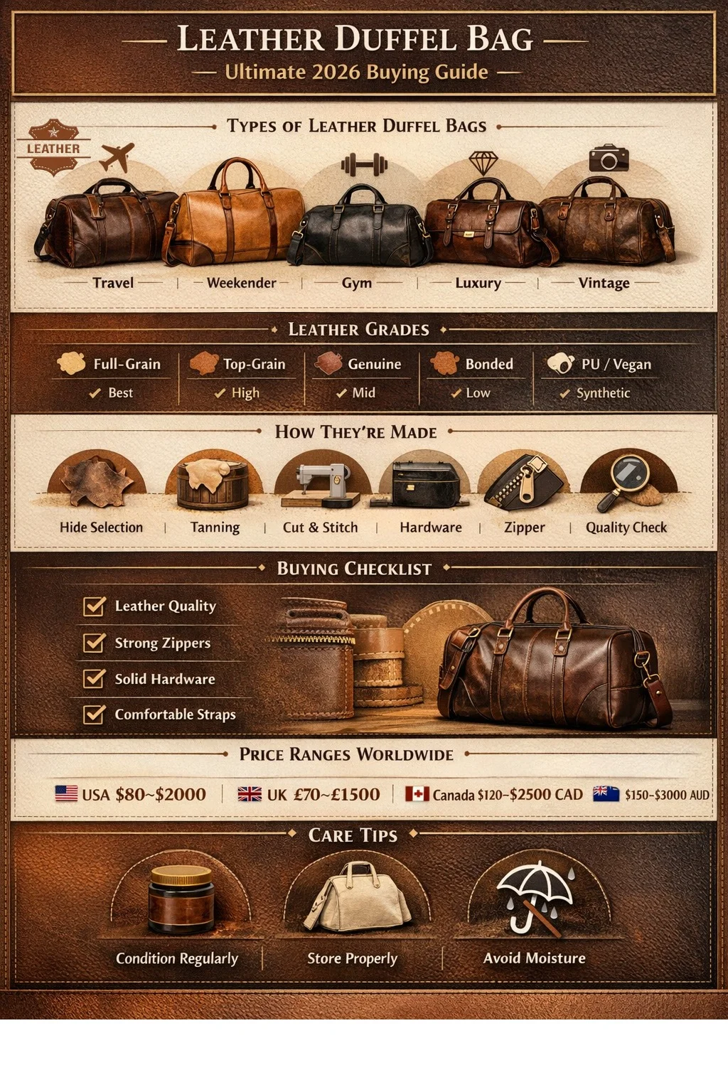 “Infographic showing types, leather grades, features, and care tips for men’s leather duffle bags in 2026 with travel, gym, business, and weekend use.”