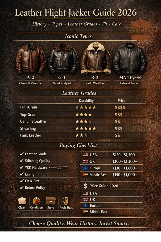 Leather Flight Jacket Guide 2026 infographic showing A-2, G-1, B-3 bomber types, leather grades comparison, buying checklist, pricing and care tips.