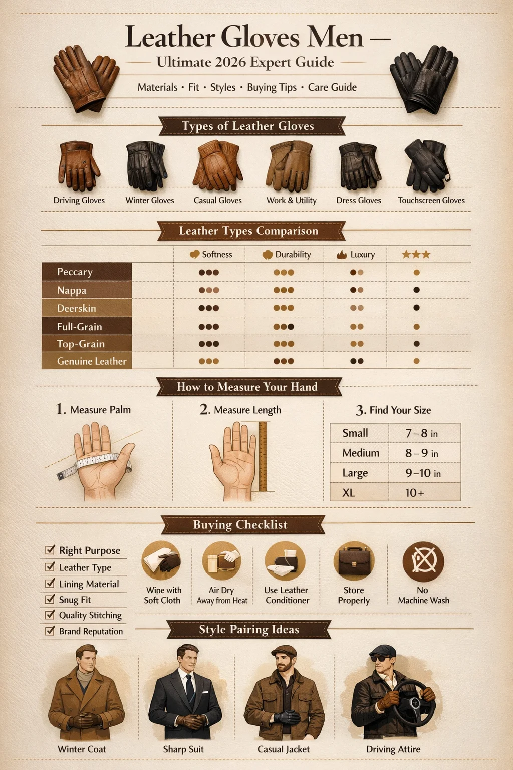 Men’s leather gloves infographic guide showing glove types, leather materials, sizing chart, buying tips, care instructions, and styling ideas for 2026.