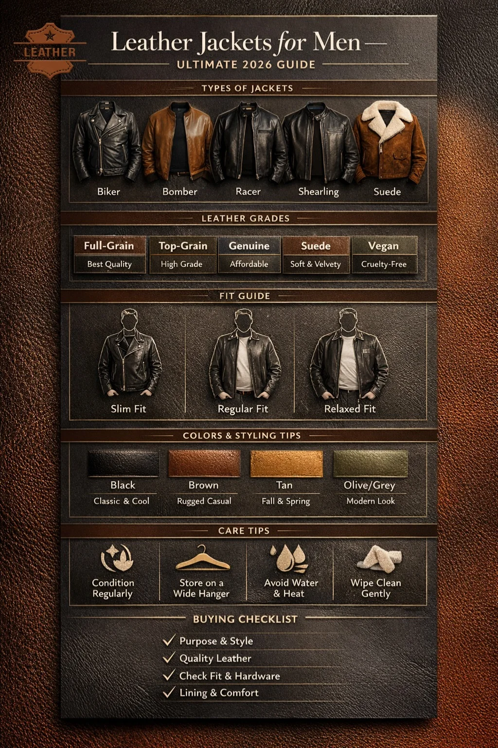 “Premium 2026 men’s leather jacket infographic showing styles, leather grades, fit guide, colors, styling tips, care instructions, and buying checklist.”