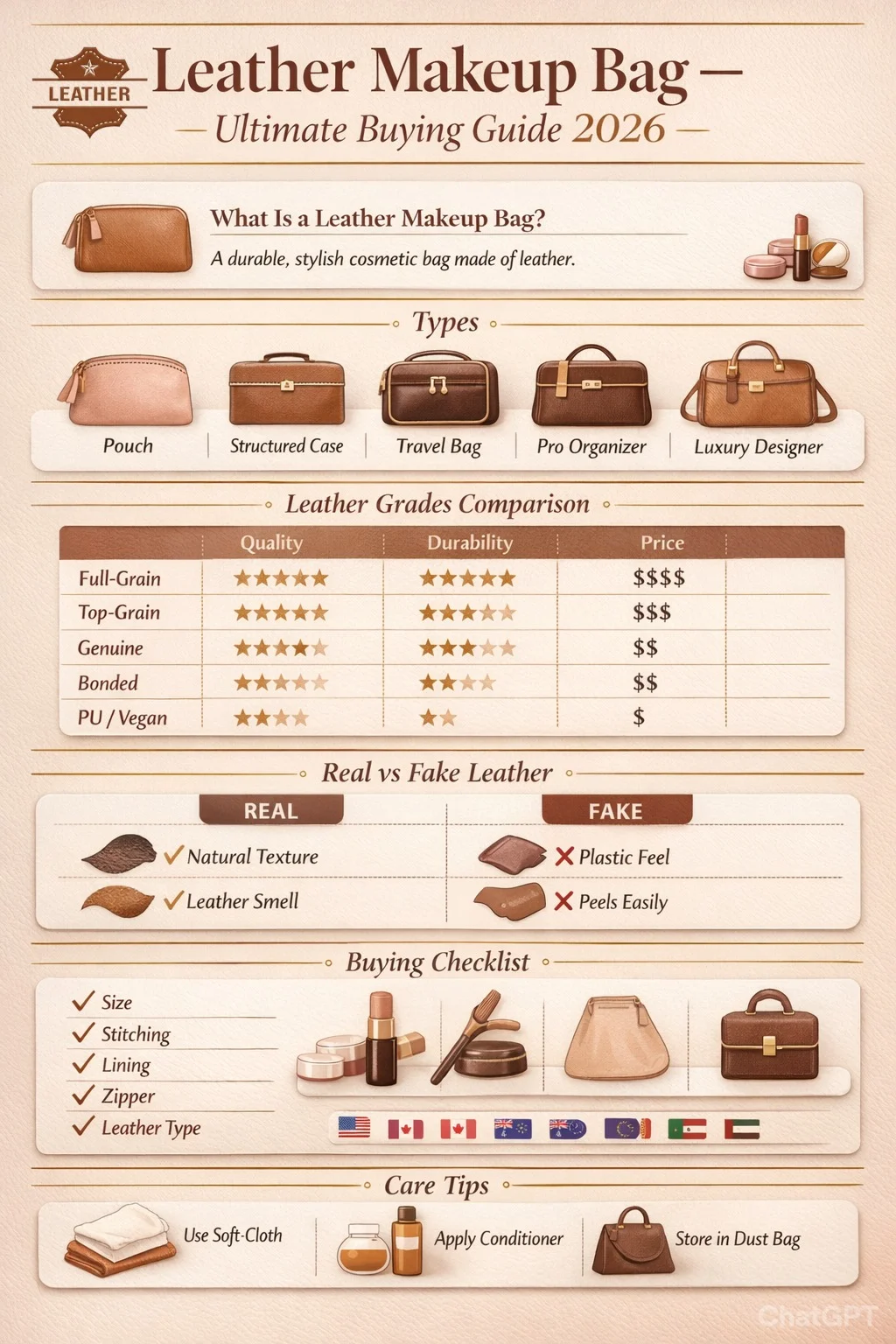 Leather makeup bag buying guide infographic showing leather types, real vs fake comparison, price ranges, care tips, and expert checklist for 2026.