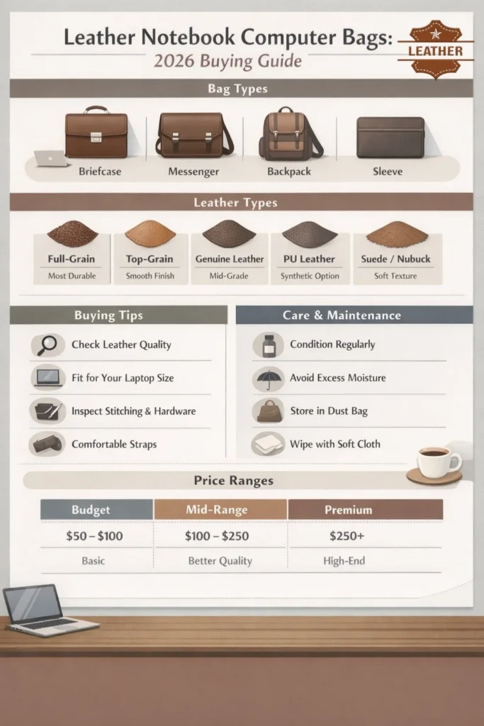 "Infographic showing leather notebook computer bag types, leather grades, buying tips, care instructions, and 2026 price ranges."