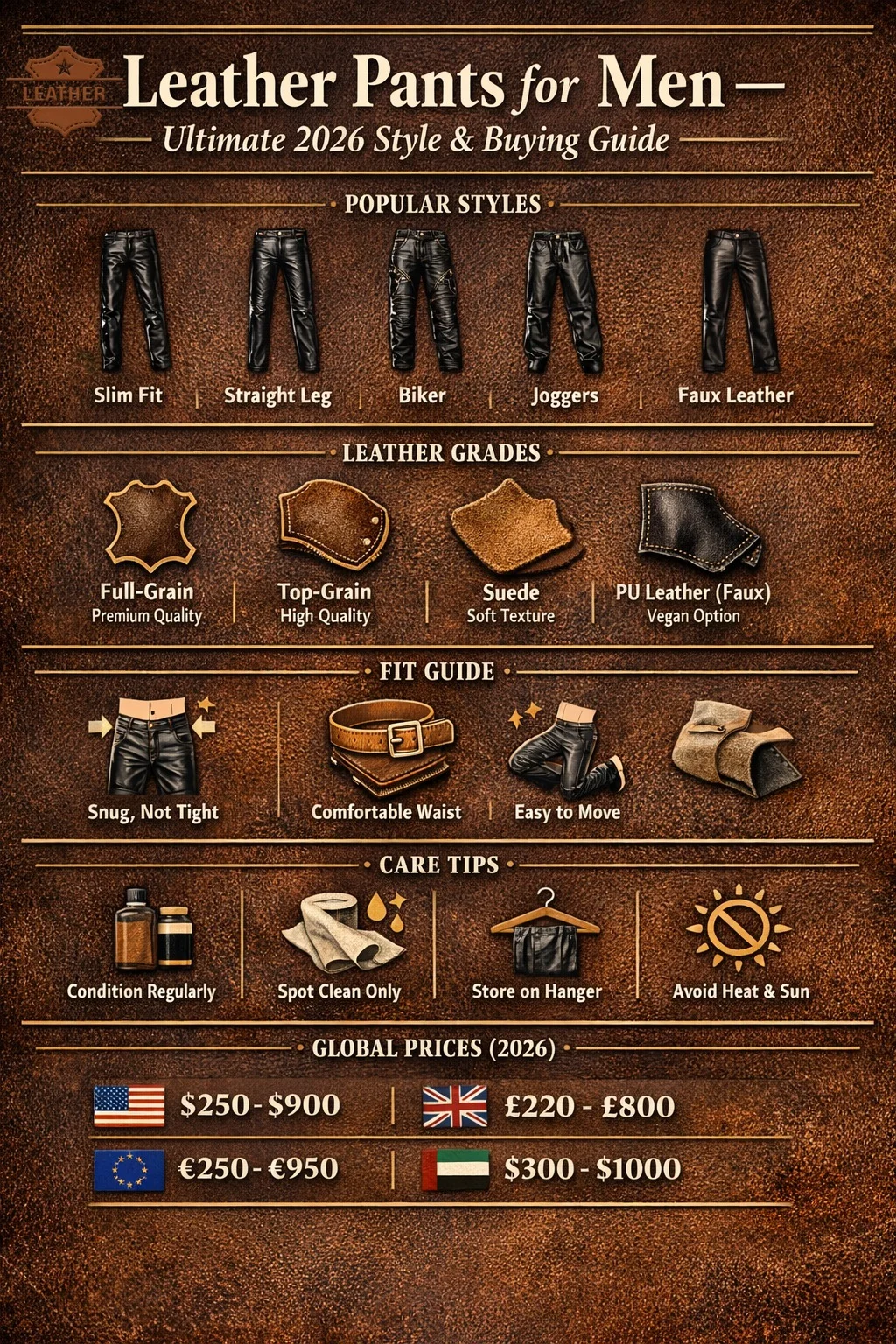 Infographic showing leather pants for men in 2026: types, leather grades, fit guide, care tips, and global price comparison, designed in a luxury, masculine style with deep brown and gold accents.