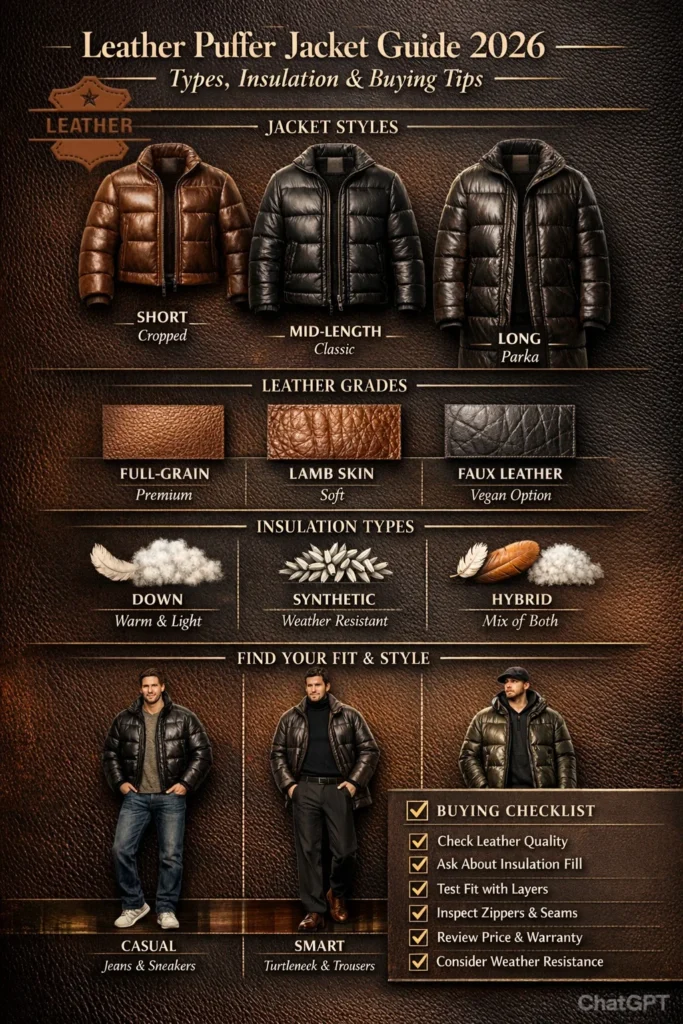 "Premium 2026 leather puffer jacket infographic showing types, leather grades, insulation options, styling tips, and buying checklist."