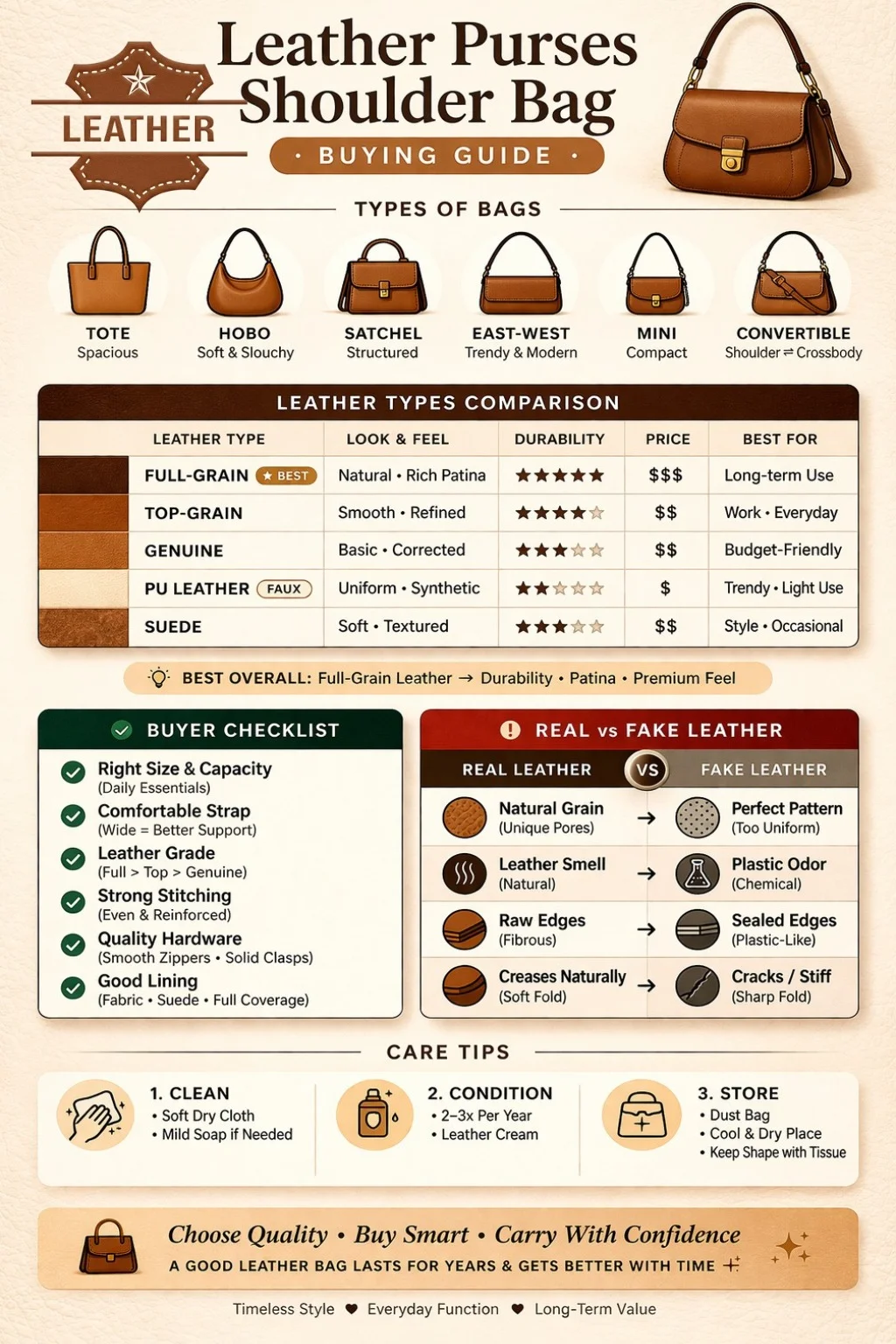 Leather purses, shoulder bag infographic showing types, leather grades comparison, buying checklist, real vs fake leather tips, and care guide.