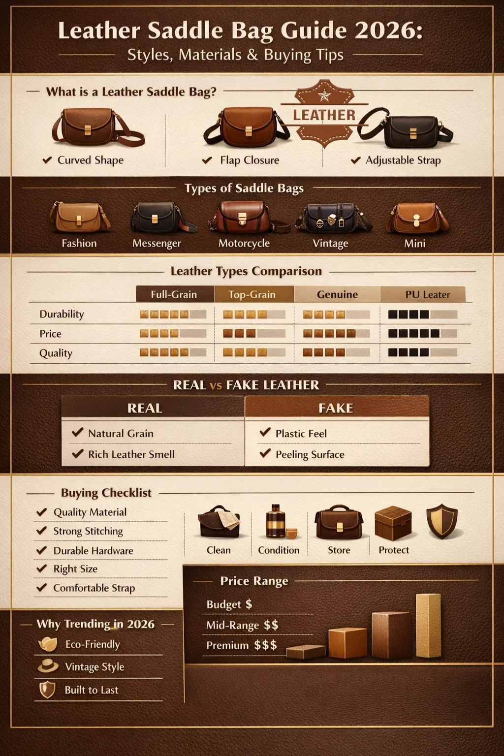 Leather saddle bag infographic showing types, leather quality comparison, real vs fake guide, buying tips, care instructions, and price ranges in 2026.
