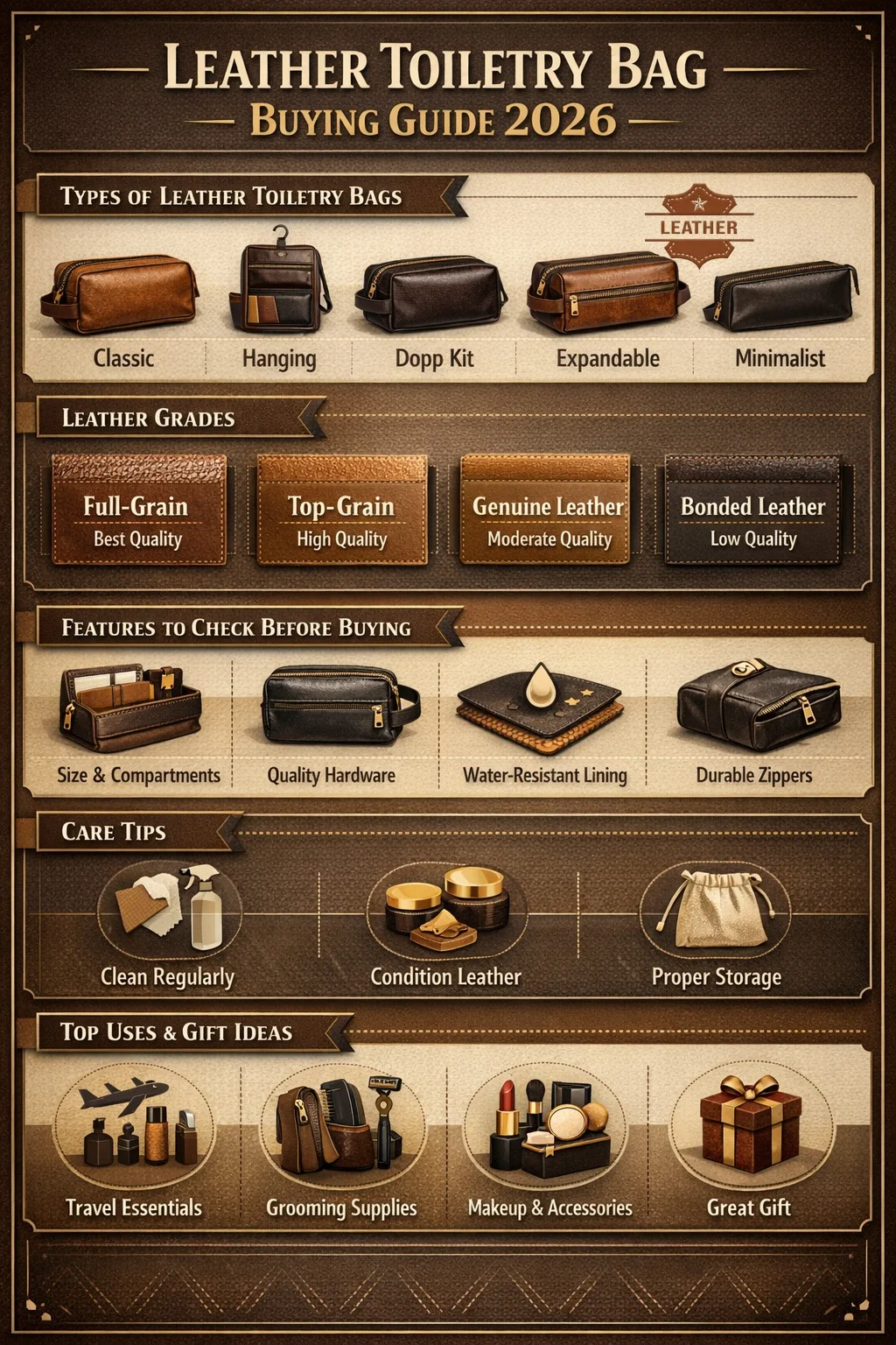 “Vertical infographic showing leather toiletry bag types, leather grades, buying tips, care instructions, and top uses in a modern warm brown and gold design.”