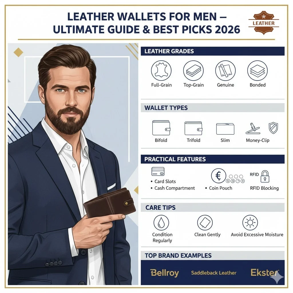 Infographic showing the ultimate 2026 guide to men’s leather wallets, featuring wallet types, leather grades, practical features, care tips, and top brand examples in a clean, modern layout.