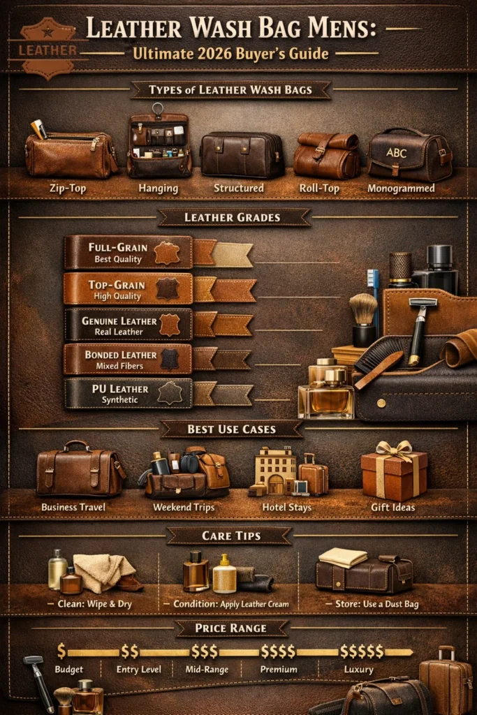 Infographic showing types, leather grades, care tips, use cases, and price range of leather wash bag mens for 2026, with icons of grooming items, luggage, and stylish leather bags.