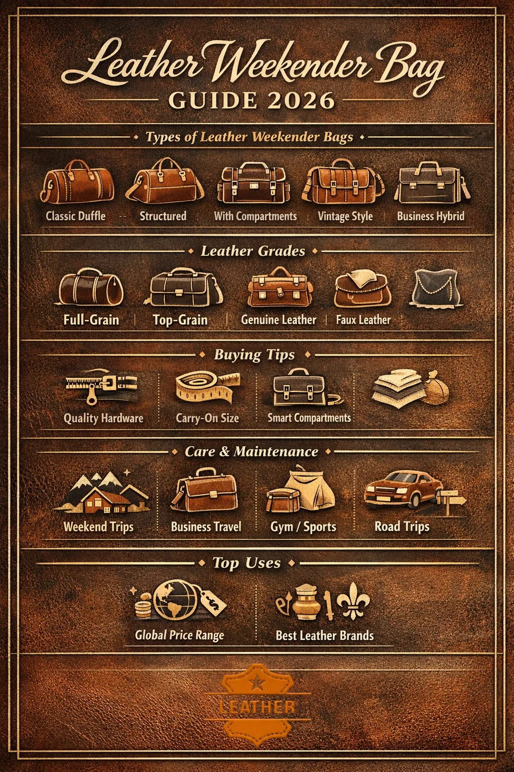 "Vertical infographic showing the ultimate 2026 guide to leather weekender bags, including types, leather grades, buying tips, care instructions, top uses, and price ranges, in a warm, rustic-luxury design with icons."