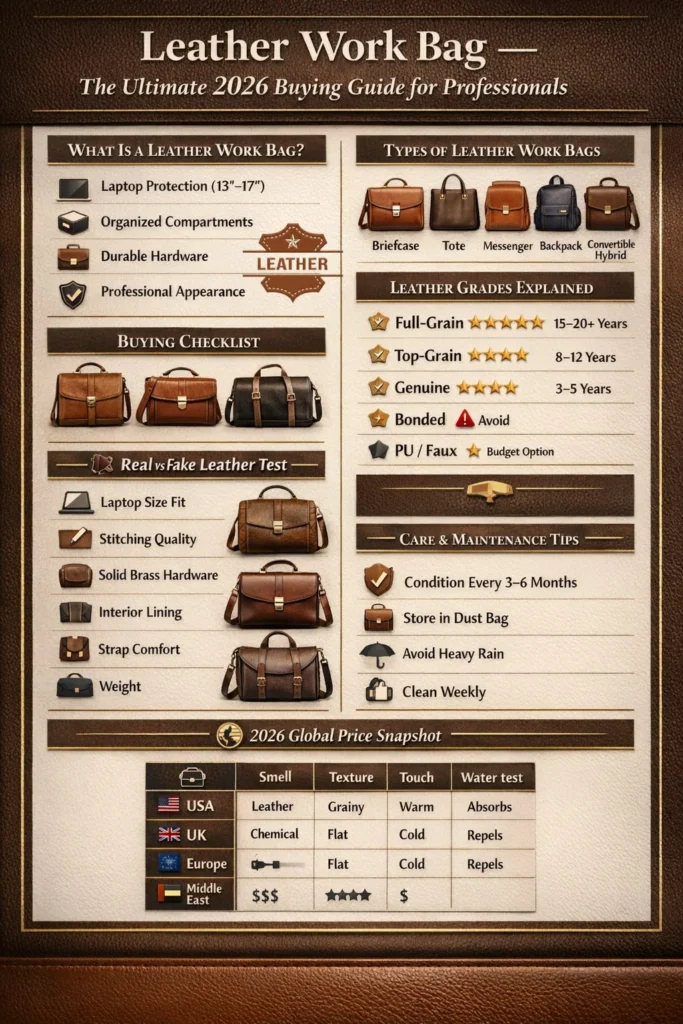 Leather work bag buying guide infographic 2026 showing types, leather grades, durability comparison, real vs fake leather test, buying checklist, and global price chart for professionals.