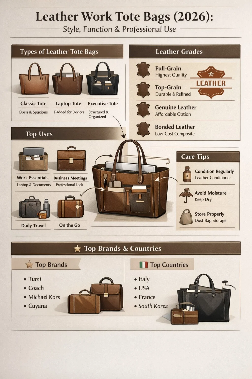 Leather work tote bag