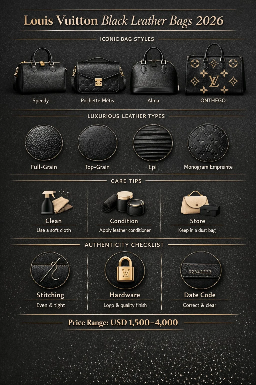 "Louis Vuitton black leather bag infographic showing types, leather materials, care tips, authenticity checks, and 2026 price ranges."