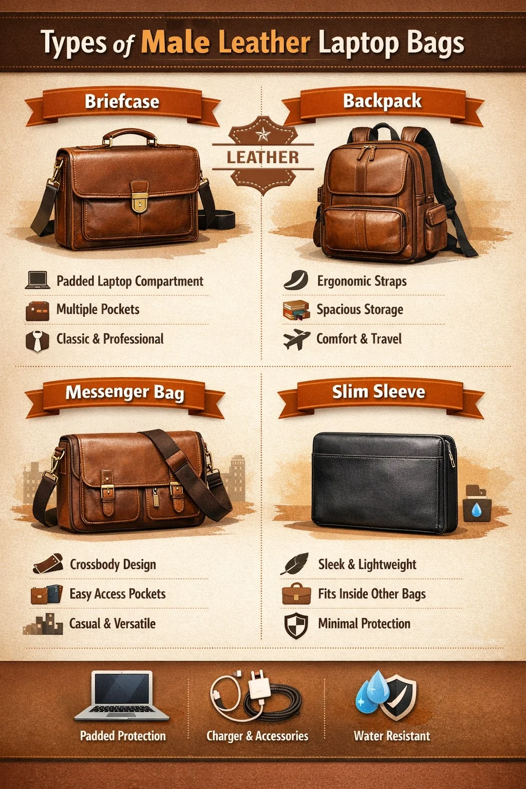 Infographic of male leather laptop bags showing briefcase, backpack, messenger bag, and slim sleeve with features like padded compartments, ergonomic straps, and organizational pockets.