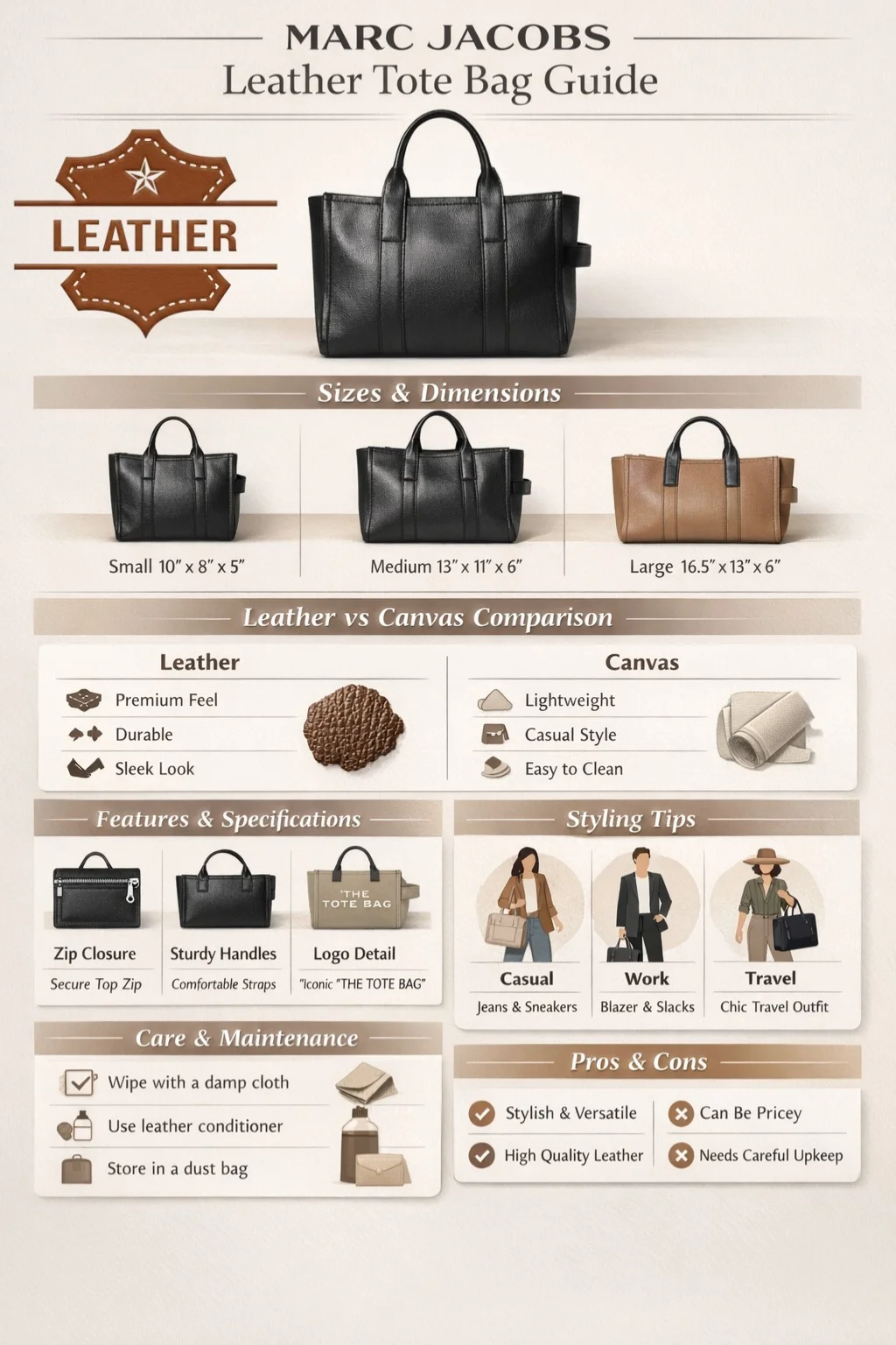 "Marc Jacobs leather tote bag infographic showing sizes, features, leather vs canvas comparison, styling tips, and care guide."