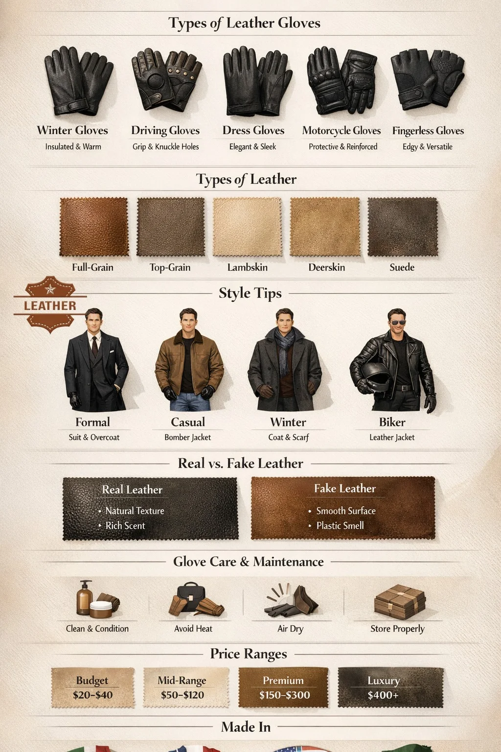 Men with leather gloves infographic showing glove types, leather materials, styling tips, buying guide, and leather glove care.