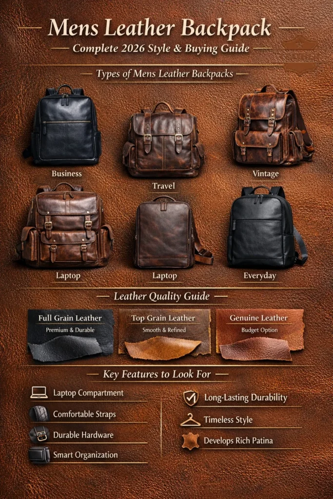 Mens Leather Backpack Guide: Types, leather grades, and key features to consider before buying a quality leather backpack.
