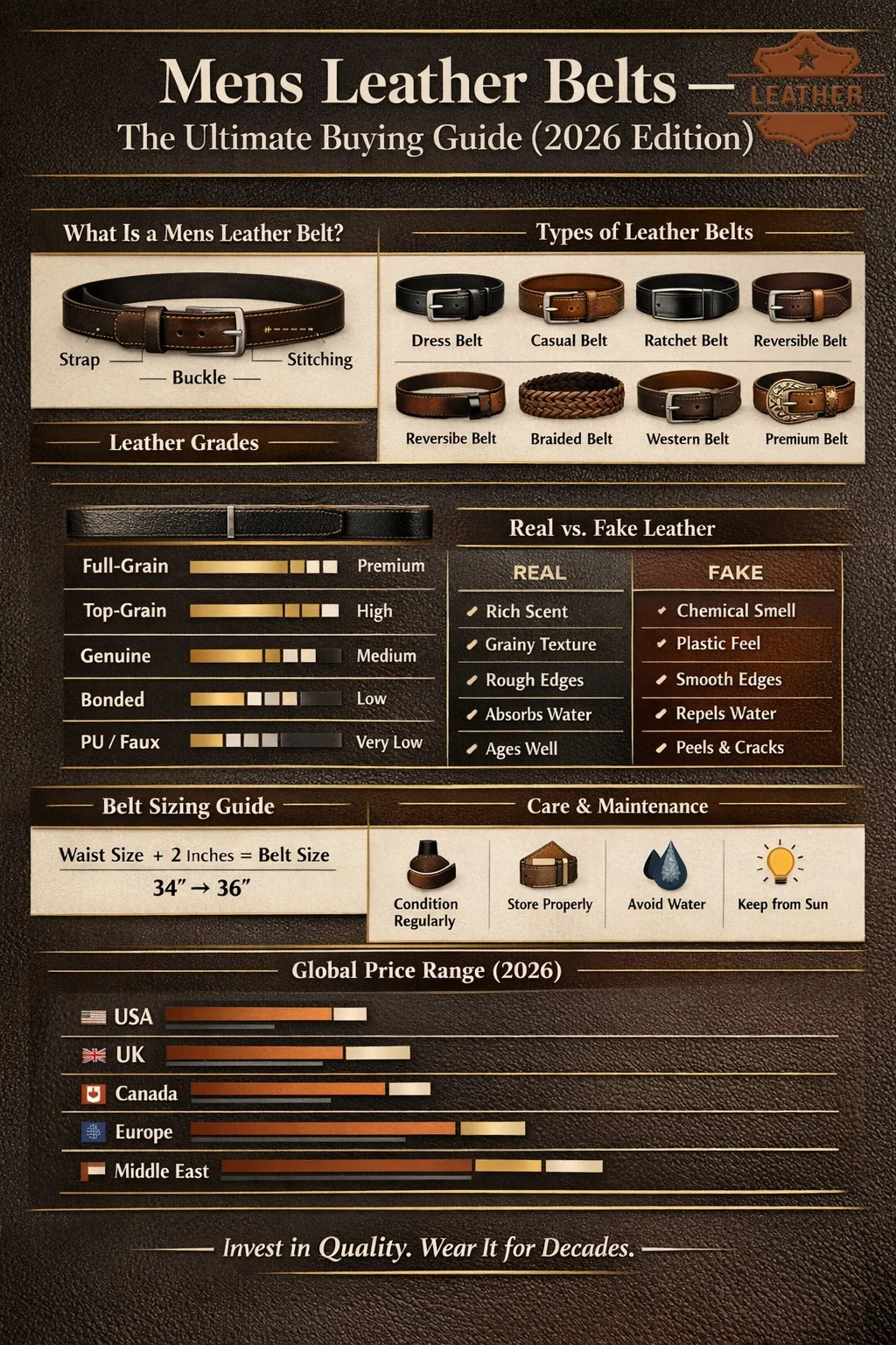 Men's leather belts infographic showing types, leather grades comparison, sizing guide, real vs fake leather tips, care instructions, and 2026 global price ranges.