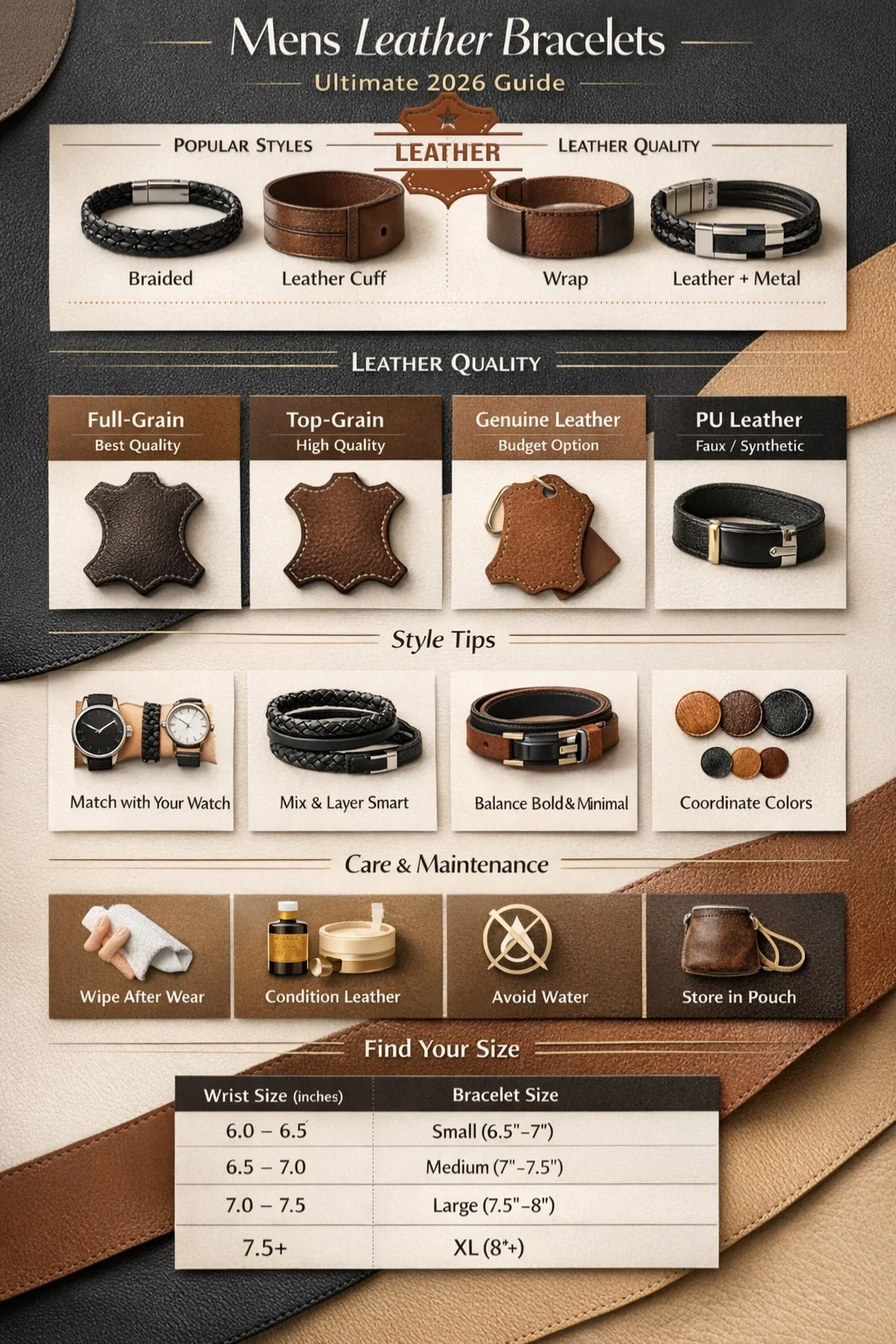 "Mens leather bracelet infographic 2026 showing types, styles, care tips, sizing guide, and leather quality for men"