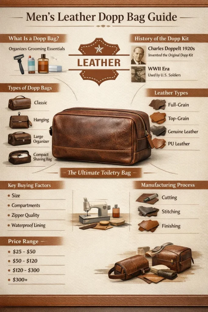 Men's leather Dopp bag infographic explaining leather types, Dopp kit history, buying guide tips, manufacturing process, and travel grooming essentials.