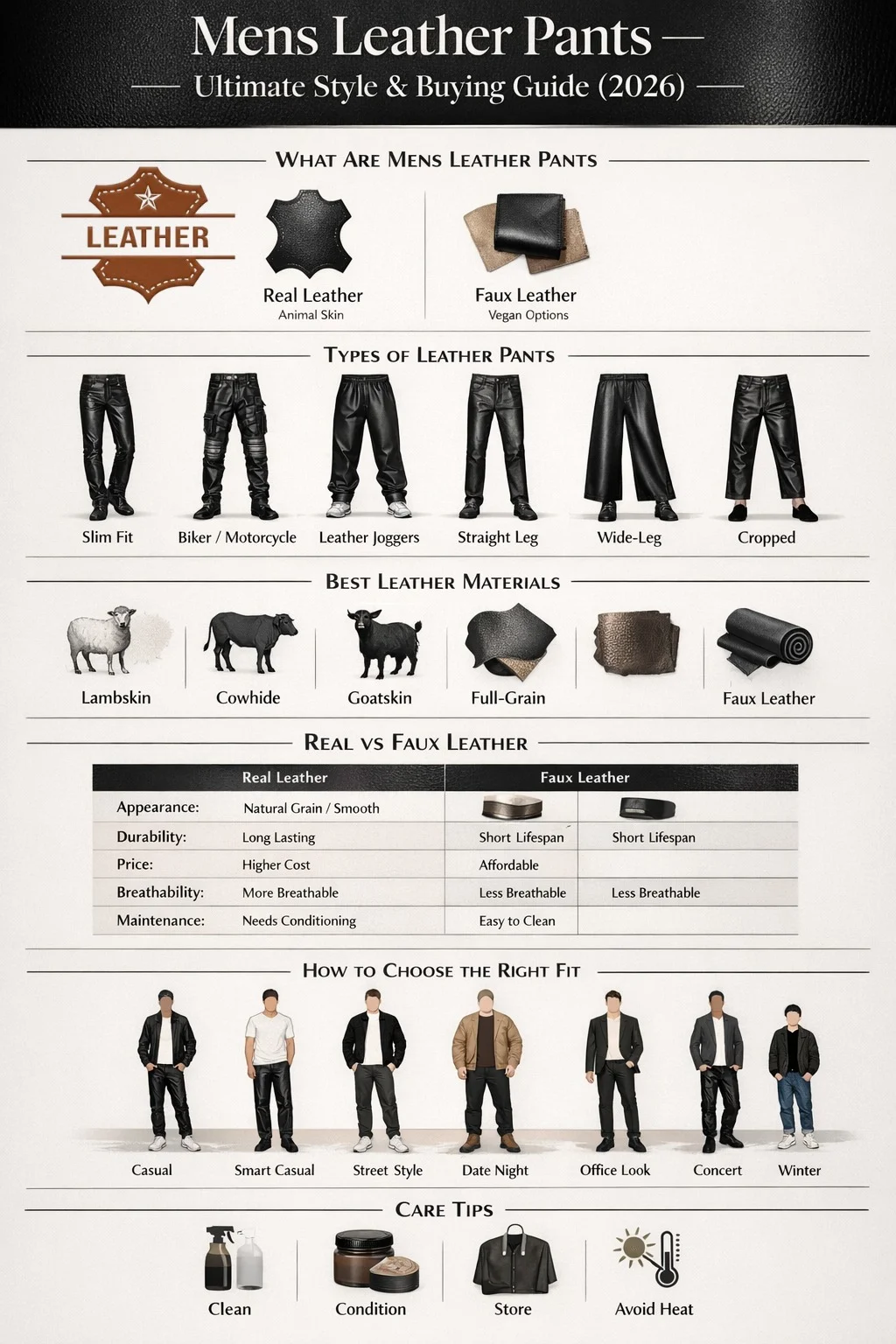 Infographic explaining men's leather pants styles, materials, real vs faux leather comparison, outfit ideas, and buying tips for 2026 fashion trends.