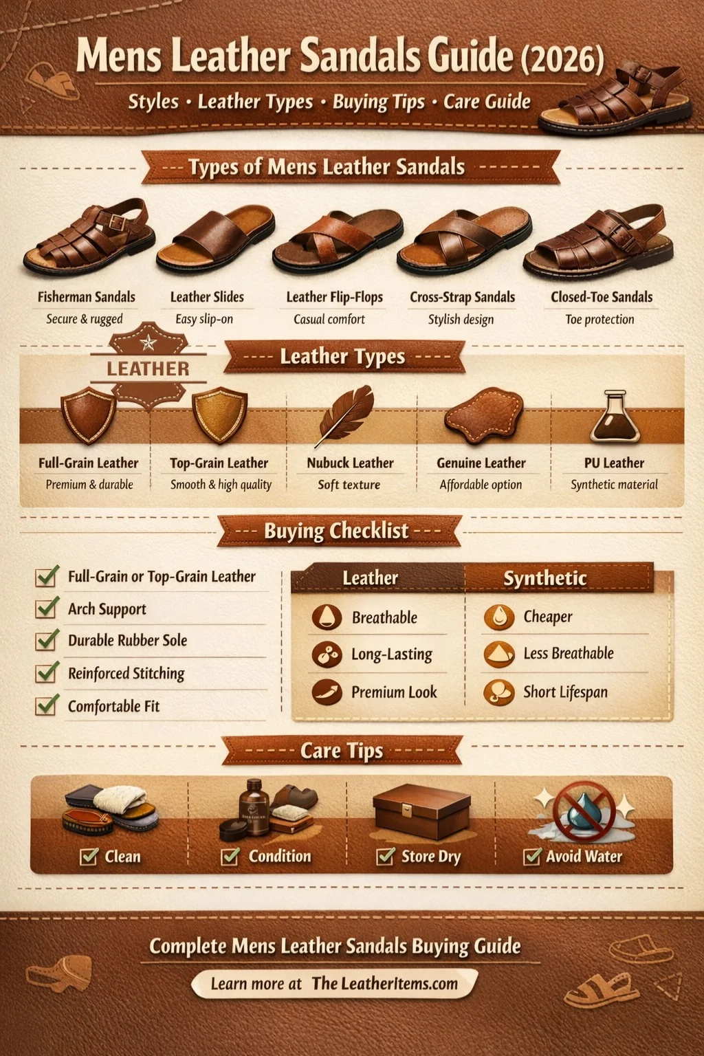 Men's leather sandals infographic showing sandal styles, leather types, buying checklist, care tips, and leather vs synthetic comparison guide.