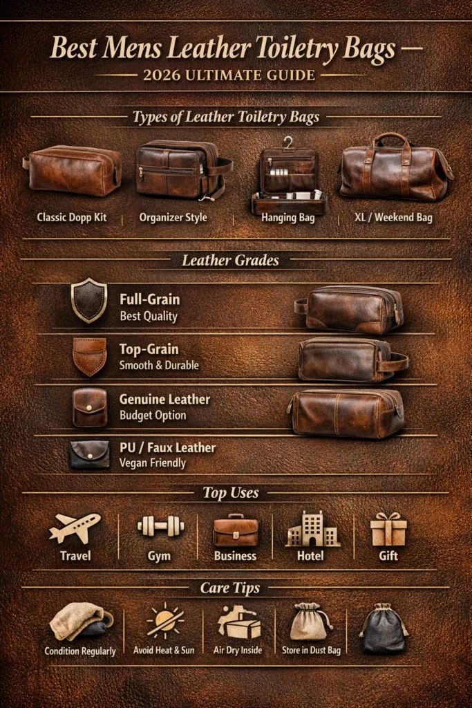 Infographic showing the best mens leather toiletry bags of 2026, including types, leather grades, uses, and care tips with a luxurious leather texture background.