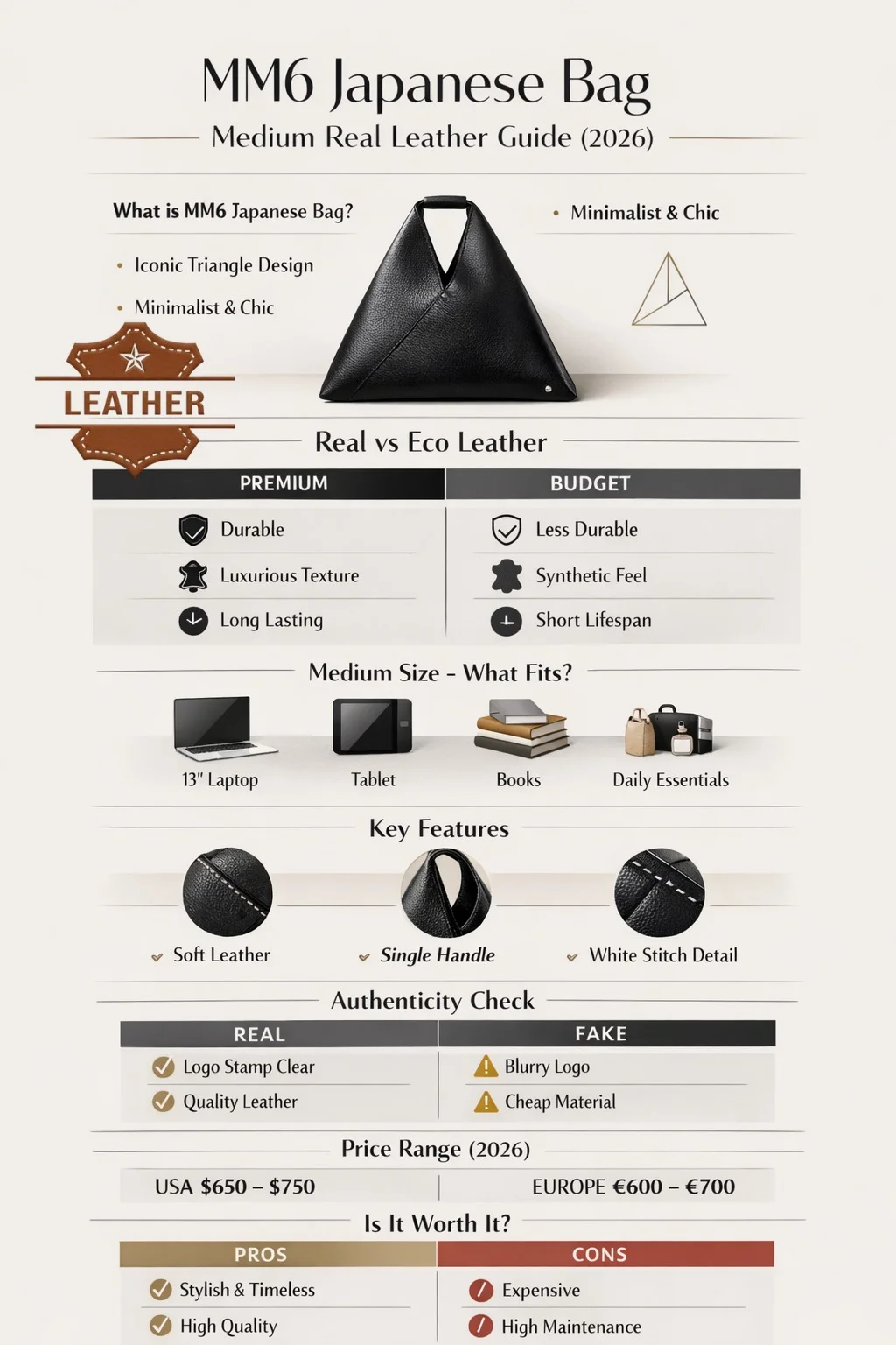 MM6 Japanese Bag Medium real leather infographic showing size, features, real vs eco leather comparison, authenticity tips, and 2026 price guide.