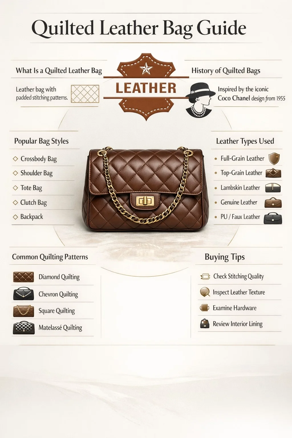 Infographic explaining quilted leather bags, including styles, leather types, quilting patterns, history inspired by Coco Chanel, and expert buying tips.