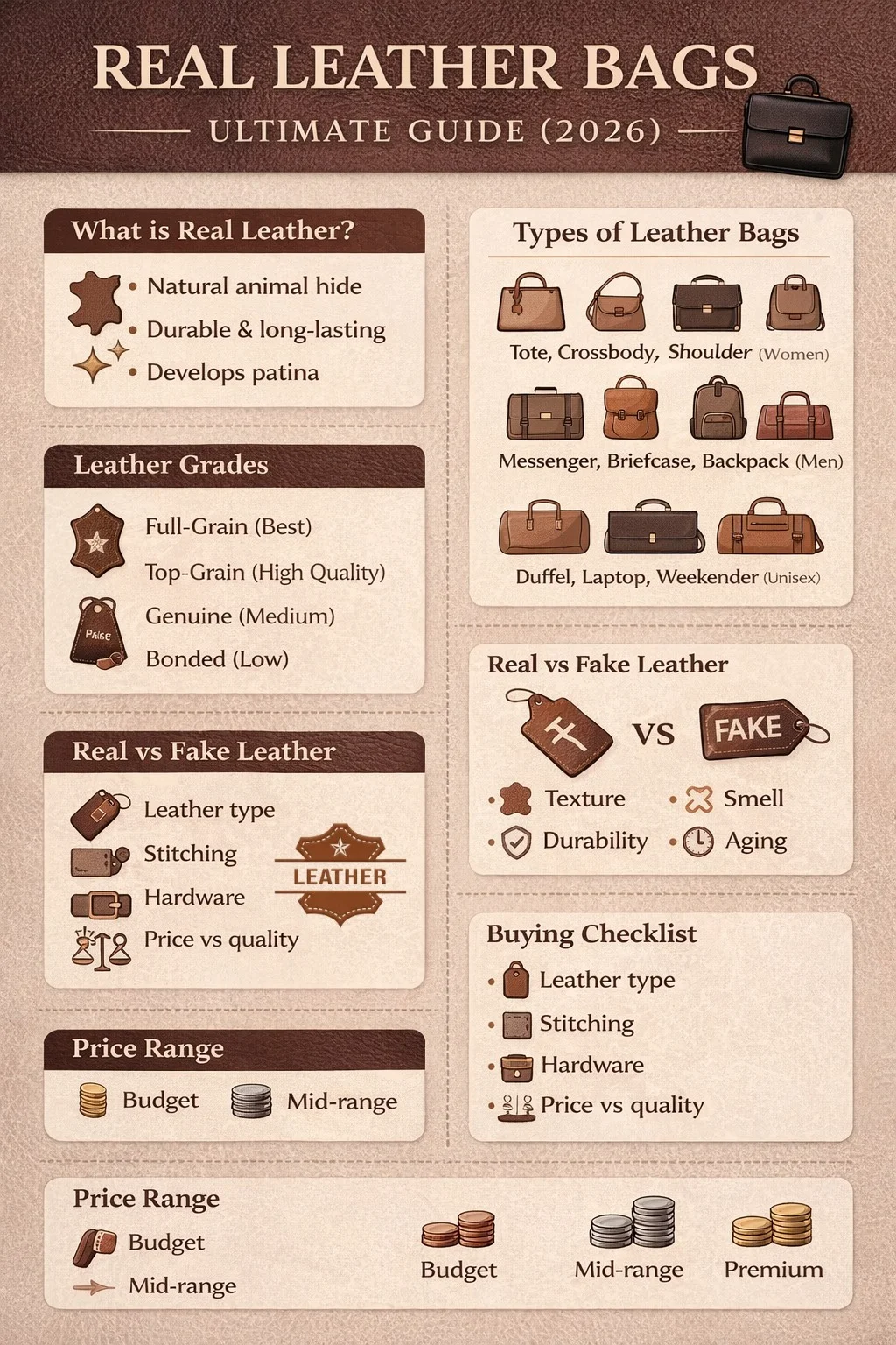 Real leather bags infographic showing types, leather grades, real vs fake comparison, buying checklist, care tips, and price guide.