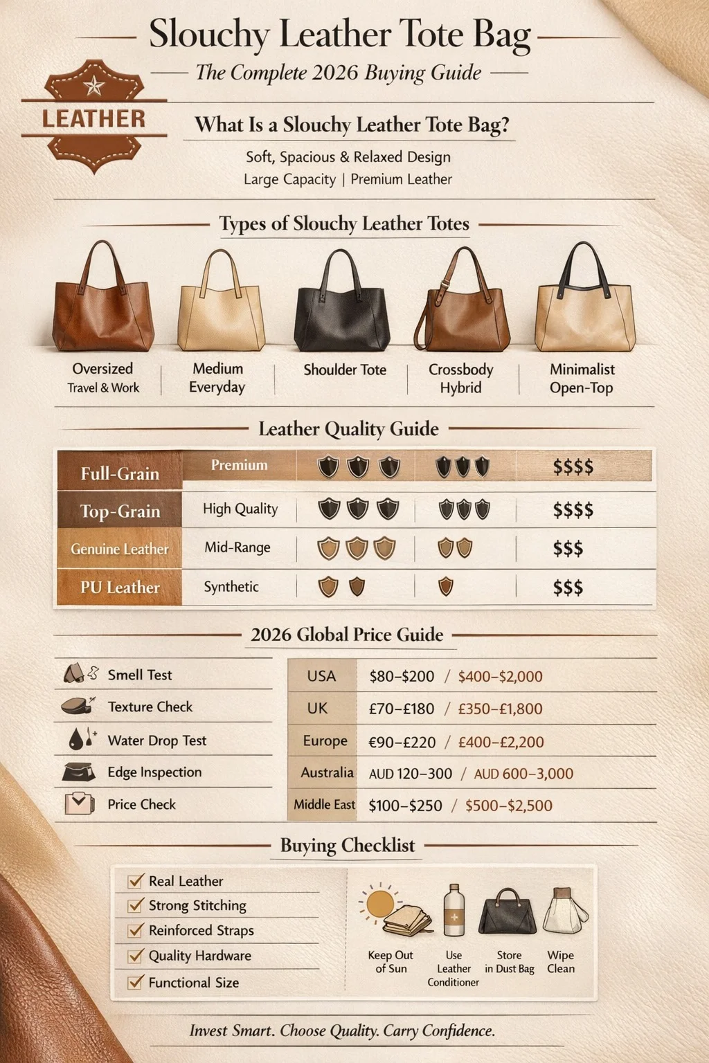 Slouchy leather tote bag infographic showing types, leather quality comparison, real vs fake tests, 2026 global prices, buying checklist, and care tips.