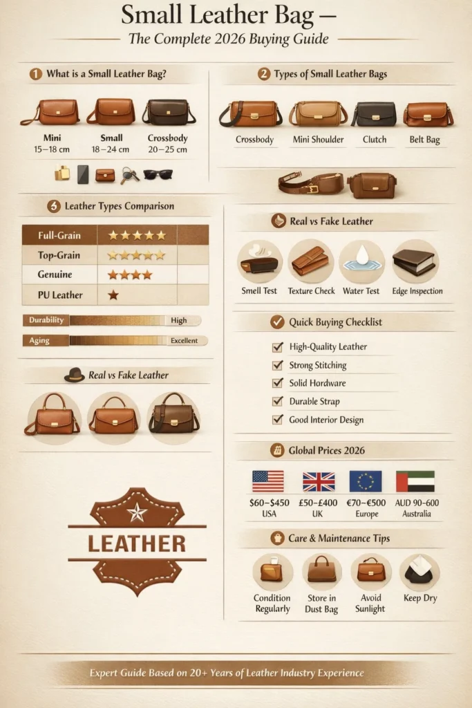 Small leather bag infographic showing styles, leather grades comparison, buying checklist, real vs fake leather tips, global prices, and care guide for 2026.