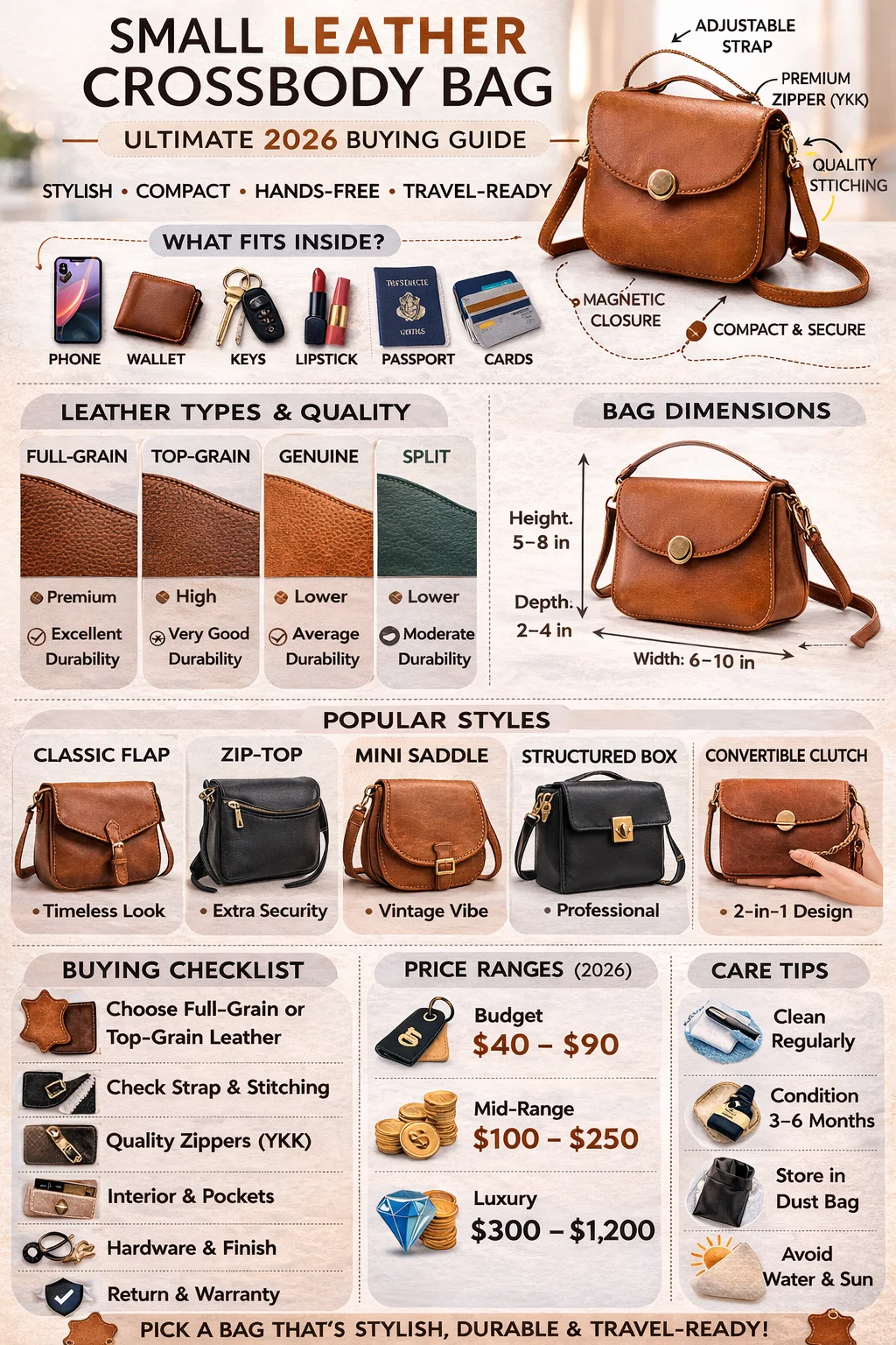 "Infographic showing types, leather grades, dimensions, and buying tips for small leather crossbody bags, including classic flap, zip-top, mini saddle, structured box, and convertible clutch styles."