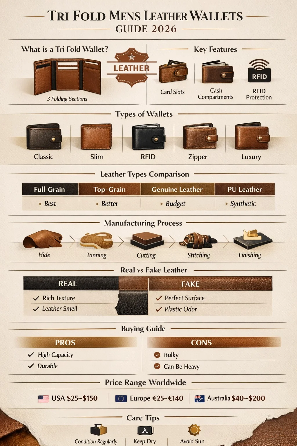 Tri fold mens leather wallets infographic showing types, leather quality comparison, buying guide, features, pricing, and care tips for 2026