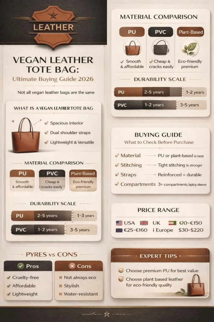 Vegan leather tote bag infographic showing PU vs PVC vs plant-based materials, durability comparison, buying guide, quality checklist, and expert tips for 2026