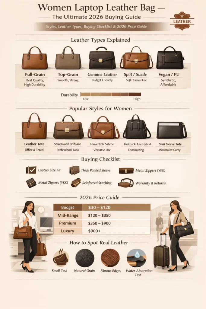 Infographic explaining women's laptop leather bag buying guide 2026, including leather types, full-grain vs top-grain comparison, popular styles like tote and briefcase, buying checklist, real vs fake leather tips, and global price ranges.