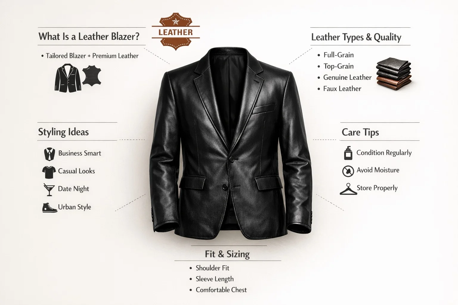 Infographic showing a black men’s leather blazer with sections on styling tips, leather types, fit guide, and care instructions on a minimal neutral background.